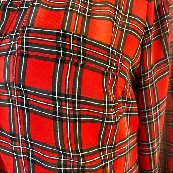 Express Red Black Tartan Plaid Portofino Button Front Blouse Notched V Neck - Picture 12 of 16